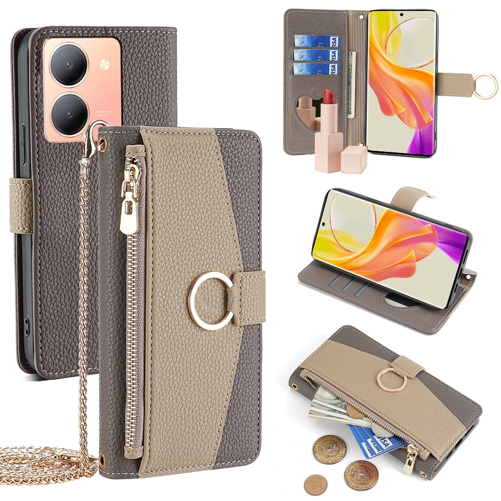 For vivo Y78 5G Crossbody Phone Case with Litchi Texture Leather, Adjustable Kickstand, Card Slots, Zipper Purse, Makeup Mirror, and TPU Protection