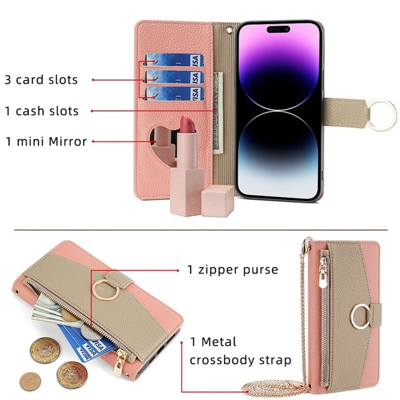 For vivo Y78 5G Crossbody Phone Case with Litchi Texture Leather, Adjustable Kickstand, Card Slots, Zipper Purse, Makeup Mirror, and TPU Protection