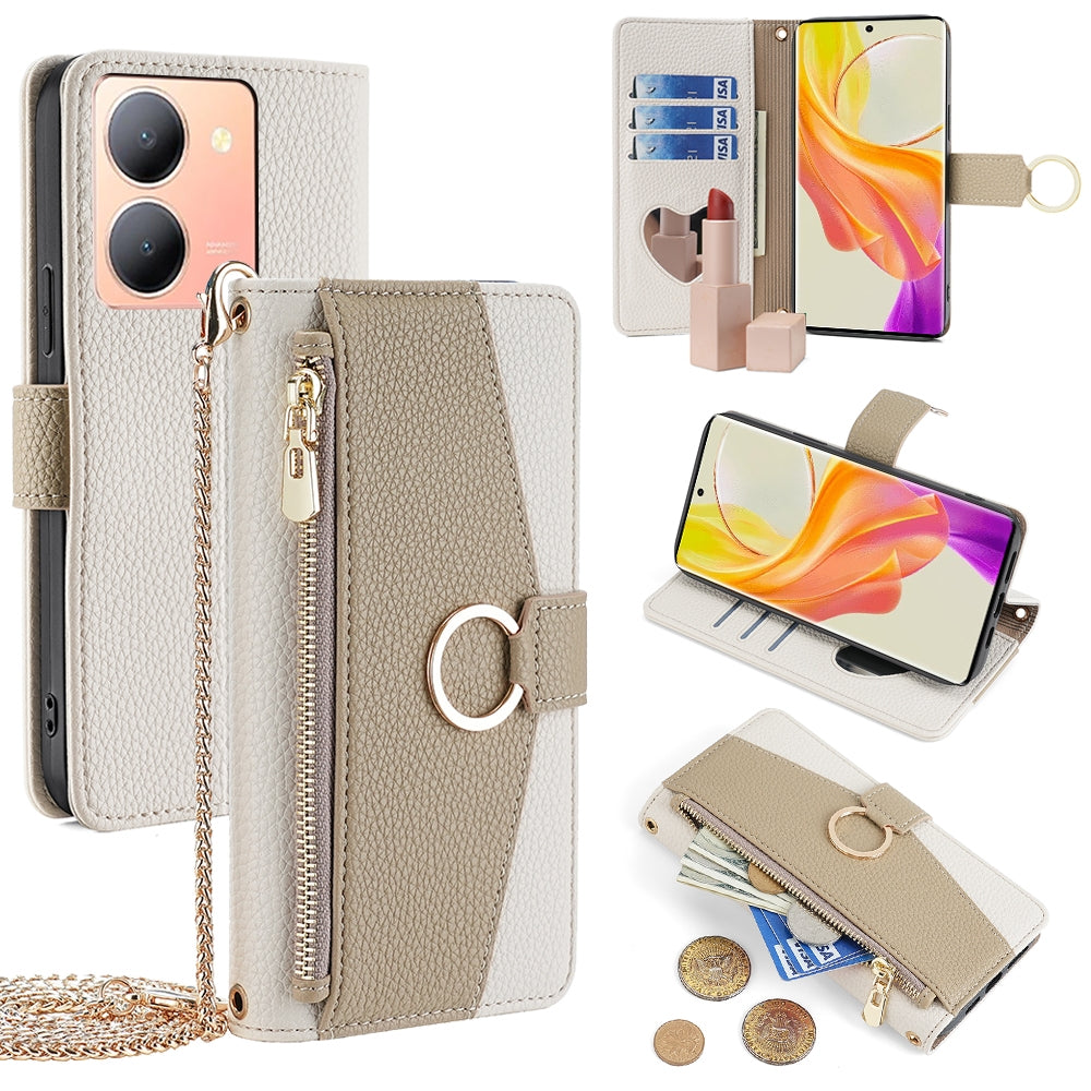 For vivo Y78 5G Crossbody Phone Case with Litchi Texture Leather, Adjustable Kickstand, Card Slots, Zipper Purse, Makeup Mirror, and TPU Protection