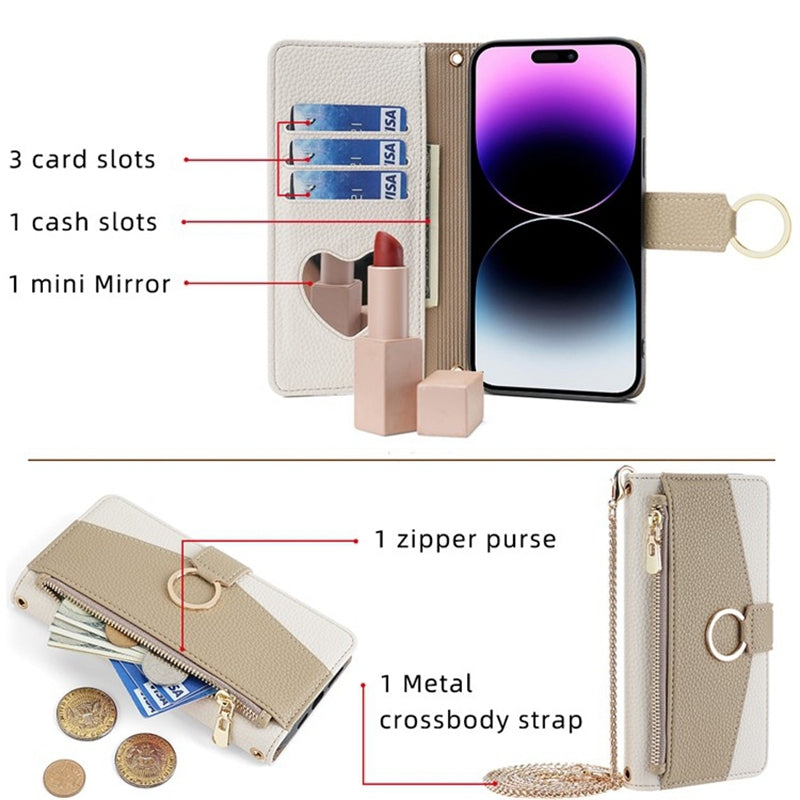 For vivo Y78 5G Crossbody Phone Case with Litchi Texture Leather, Adjustable Kickstand, Card Slots, Zipper Purse, Makeup Mirror, and TPU Protection