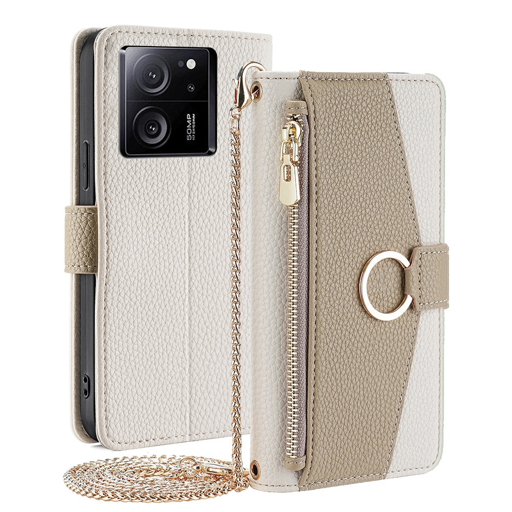 Xiaomi Redmi K60 Ultra Crossbody Phone Case with Litchi Texture Leather, Adjustable Kickstand, Card Slots, Zipper Purse, Makeup Mirror, and TPU Protection