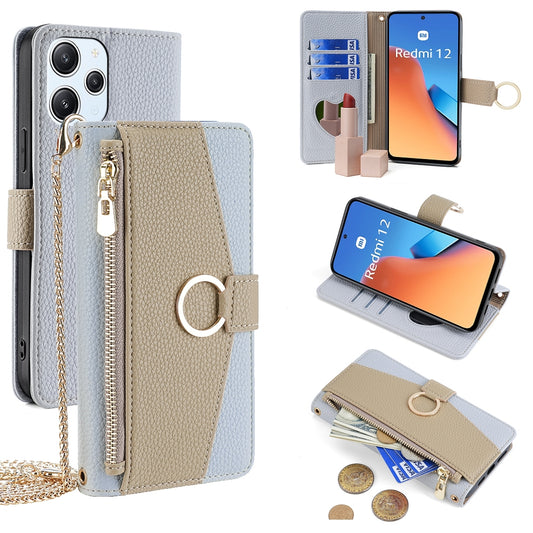 Xiaomi Redmi 12 4G Crossbody Phone Case with Litchi Texture Leather, Adjustable Kickstand, Card Slots, Zipper Purse, Makeup Mirror, and TPU Protection