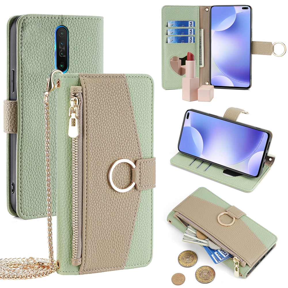 Xiaomi Redmi K30 Crossbody Phone Case with Litchi Texture Leather, Adjustable Kickstand, Card Slots, Zipper Purse, Makeup Mirror, and TPU Protection