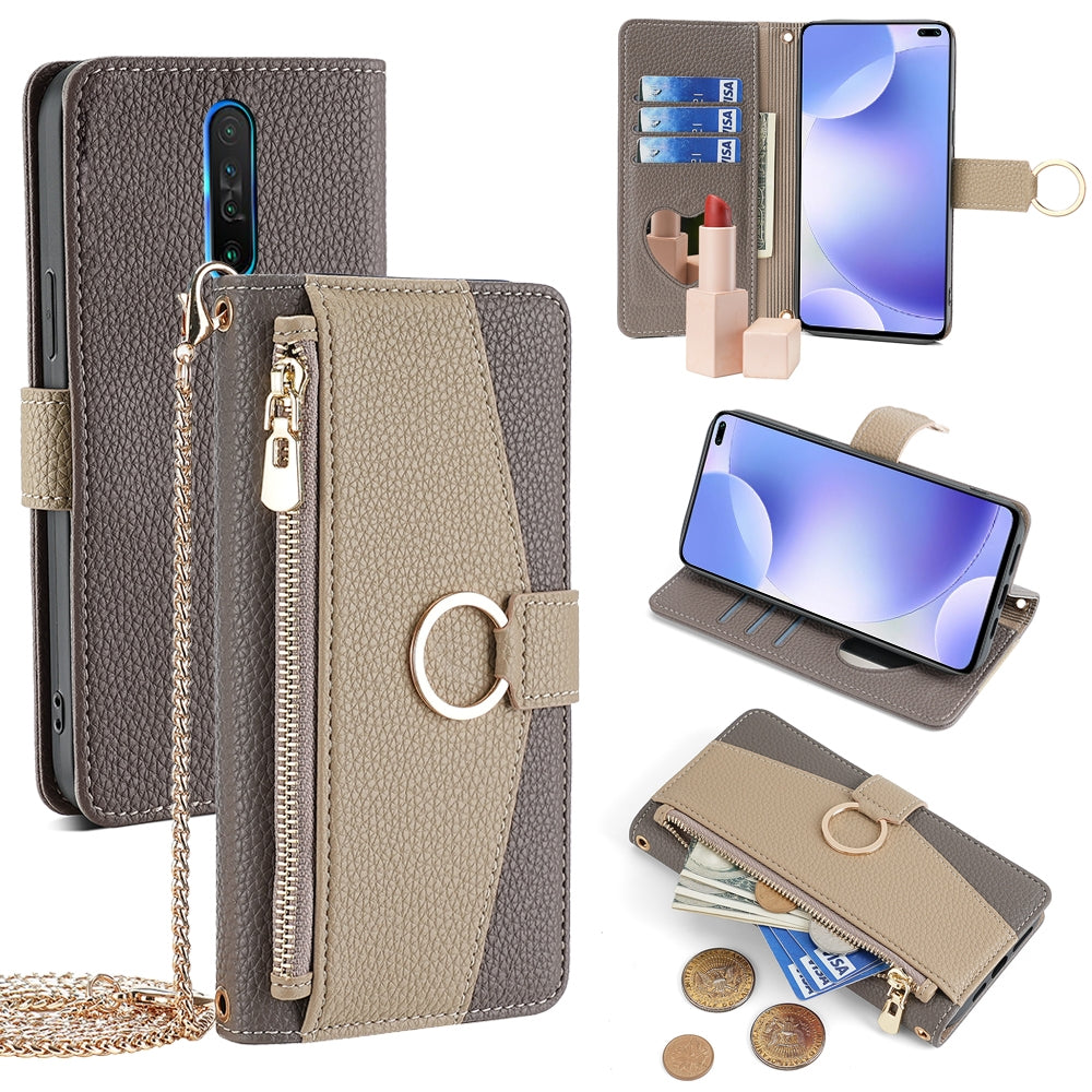 Xiaomi Redmi K30 Crossbody Phone Case with Litchi Texture Leather, Adjustable Kickstand, Card Slots, Zipper Purse, Makeup Mirror, and TPU Protection