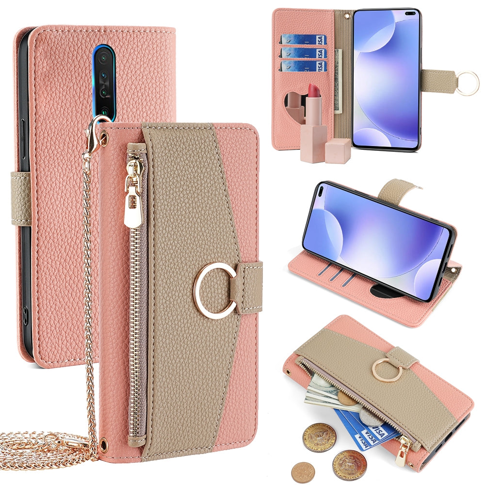 Xiaomi Redmi K30 Crossbody Phone Case with Litchi Texture Leather, Adjustable Kickstand, Card Slots, Zipper Purse, Makeup Mirror, and TPU Protection