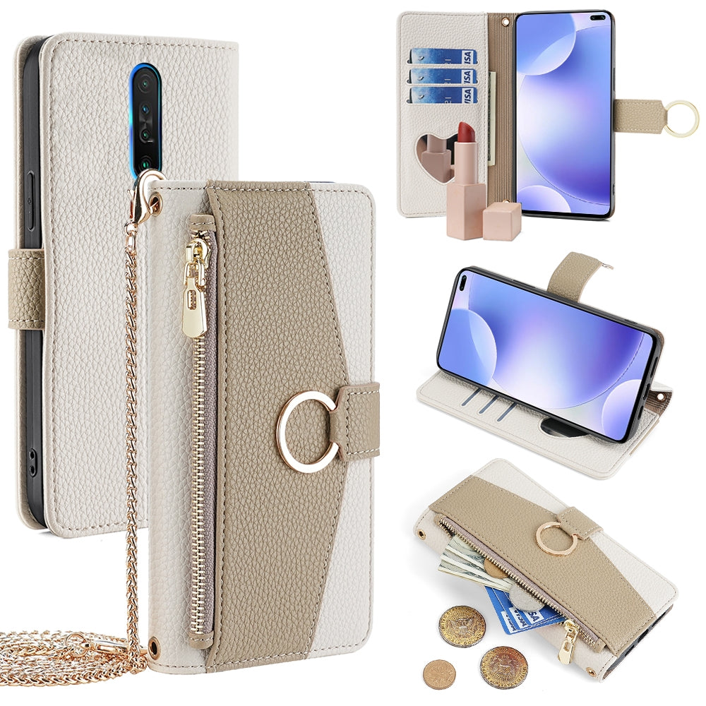 Xiaomi Redmi K30 Crossbody Phone Case with Litchi Texture Leather, Adjustable Kickstand, Card Slots, Zipper Purse, Makeup Mirror, and TPU Protection