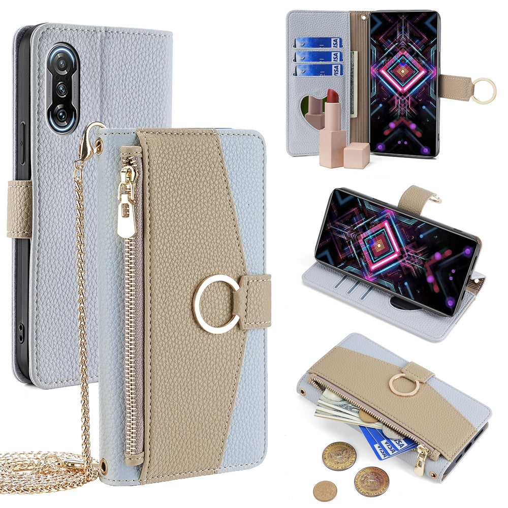 Xiaomi Redmi K40 Gaming Crossbody Phone Case with Litchi Texture Leather, Adjustable Kickstand, Card Slots, Zipper Purse, Makeup Mirror, and TPU Protection