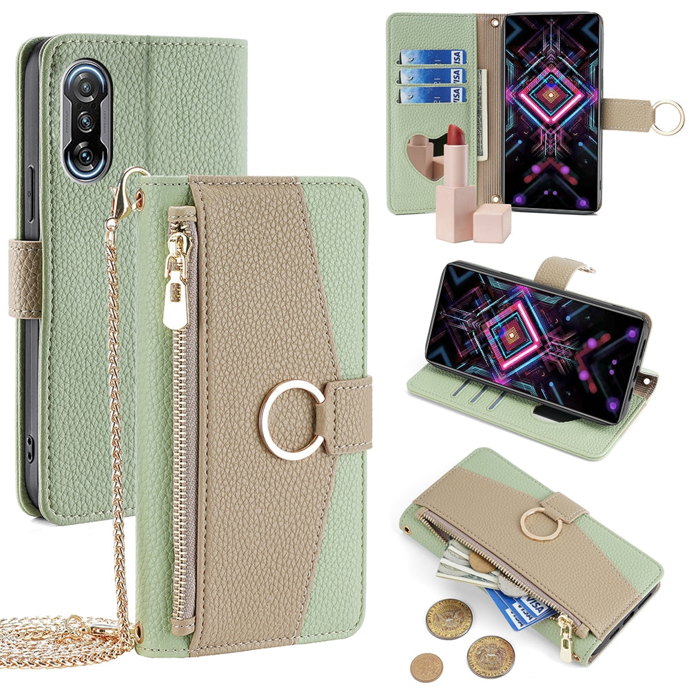 Xiaomi Redmi K40 Gaming Crossbody Phone Case with Litchi Texture Leather, Adjustable Kickstand, Card Slots, Zipper Purse, Makeup Mirror, and TPU Protection