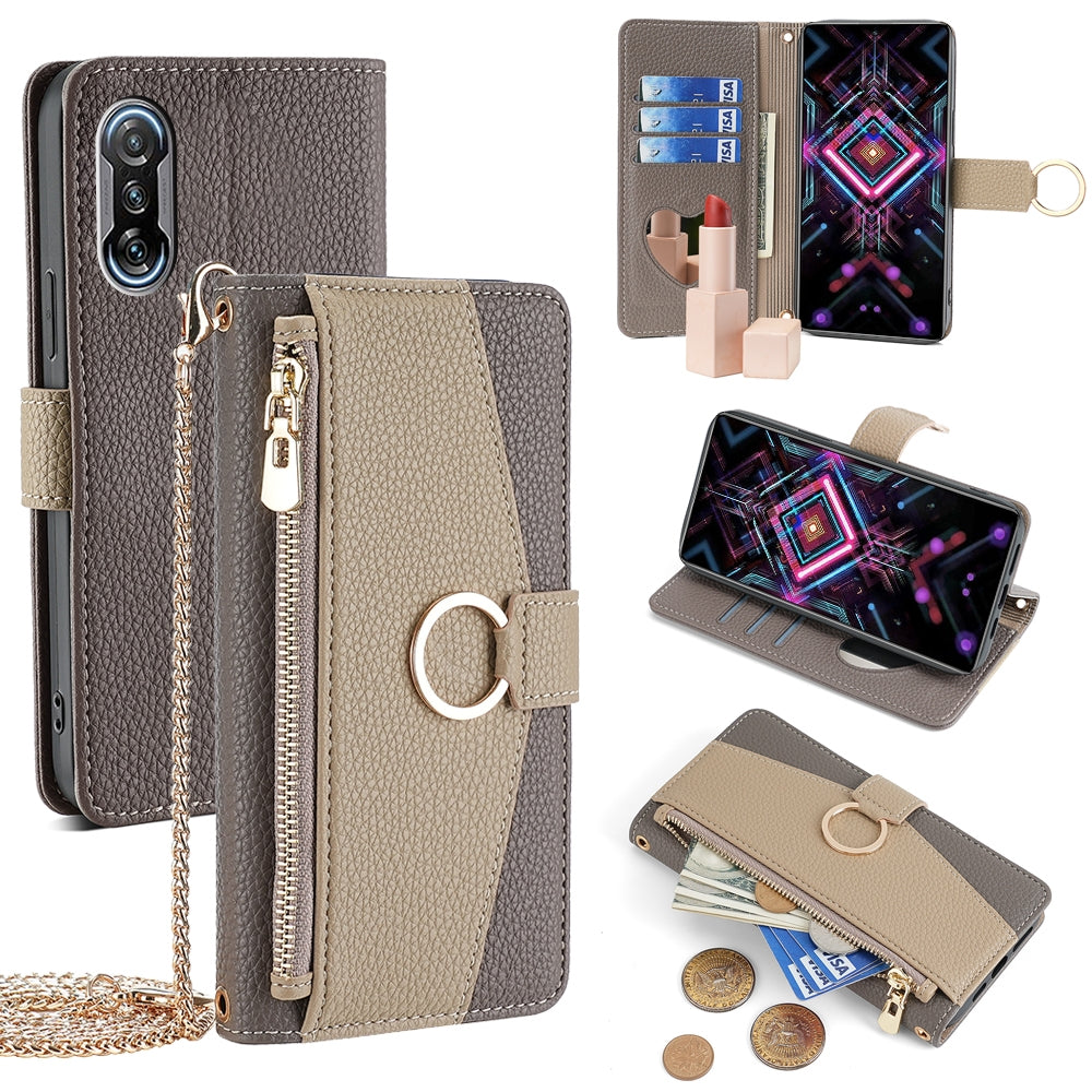 Xiaomi Redmi K40 Gaming Crossbody Phone Case with Litchi Texture Leather, Adjustable Kickstand, Card Slots, Zipper Purse, Makeup Mirror, and TPU Protection