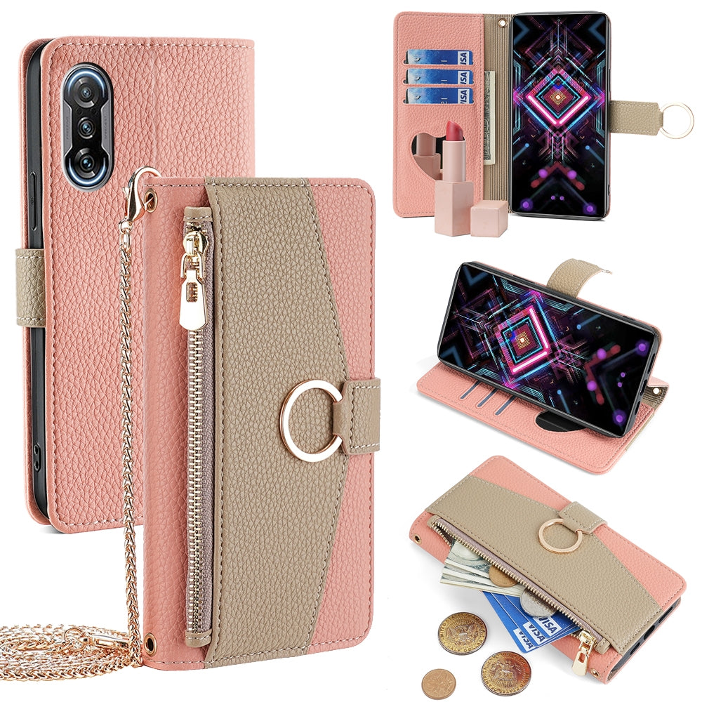 Xiaomi Redmi K40 Gaming Crossbody Phone Case with Litchi Texture Leather, Adjustable Kickstand, Card Slots, Zipper Purse, Makeup Mirror, and TPU Protection