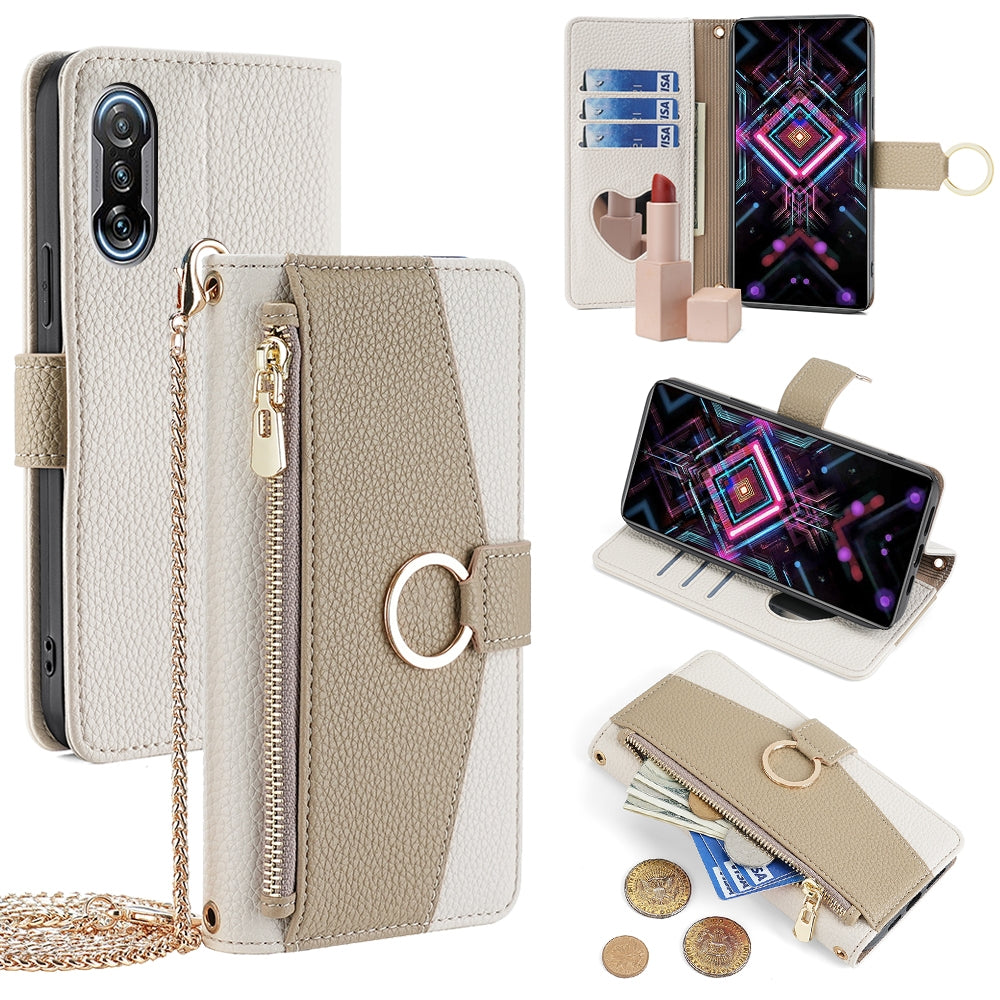 Xiaomi Redmi K40 Gaming Crossbody Phone Case with Litchi Texture Leather, Adjustable Kickstand, Card Slots, Zipper Purse, Makeup Mirror, and TPU Protection