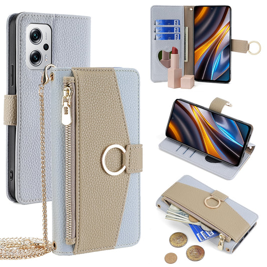 Xiaomi Redmi Note 11T Pro+ 5G Crossbody Phone Case with Litchi Texture Leather, Adjustable Kickstand, Card Slots, Zipper Purse, Makeup Mirror, and TPU Protection