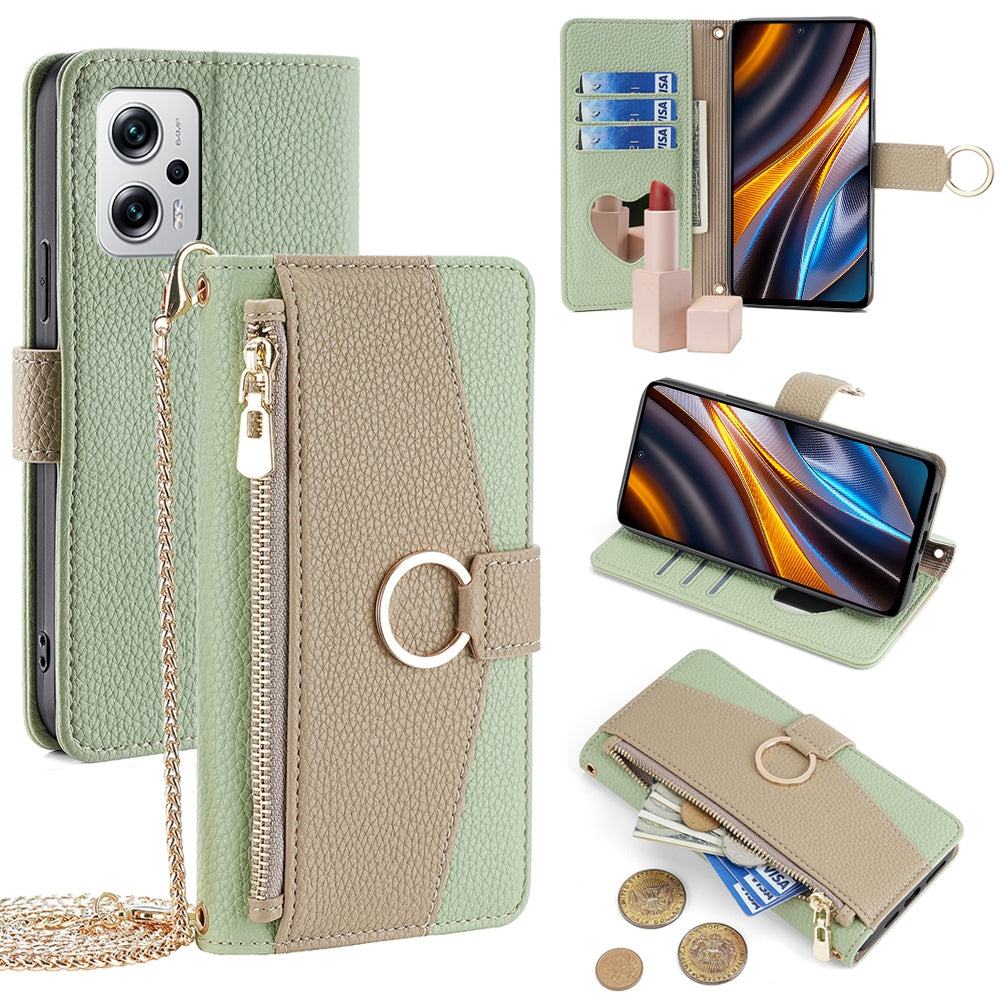 Xiaomi Redmi Note 11T Pro+ 5G Crossbody Phone Case with Litchi Texture Leather, Adjustable Kickstand, Card Slots, Zipper Purse, Makeup Mirror, and TPU Protection
