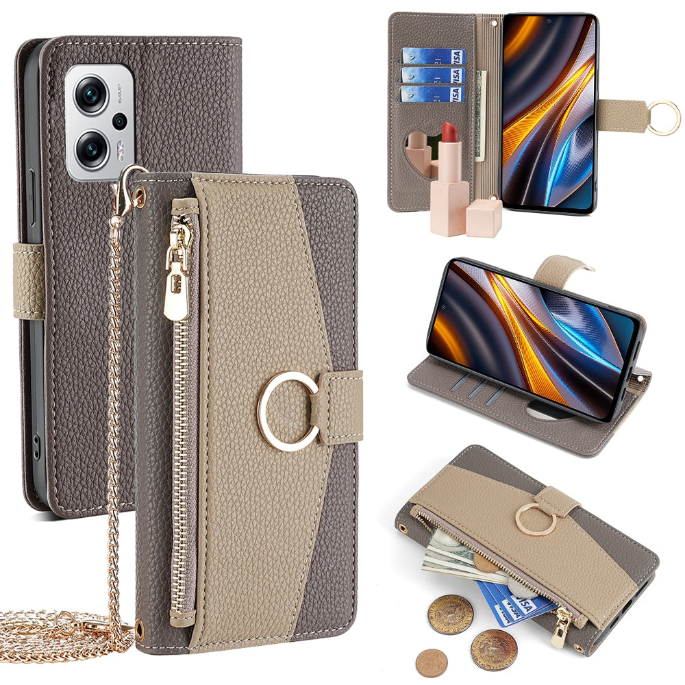 Xiaomi Redmi Note 11T Pro+ 5G Crossbody Phone Case with Litchi Texture Leather, Adjustable Kickstand, Card Slots, Zipper Purse, Makeup Mirror, and TPU Protection