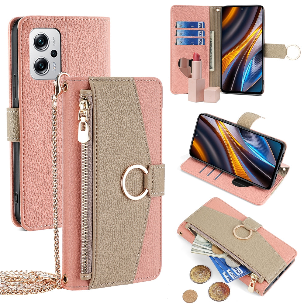 Xiaomi Redmi Note 11T Pro+ 5G Crossbody Phone Case with Litchi Texture Leather, Adjustable Kickstand, Card Slots, Zipper Purse, Makeup Mirror, and TPU Protection