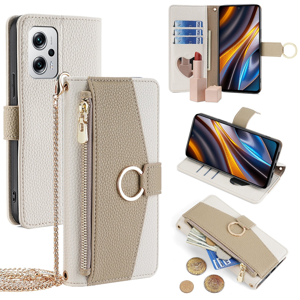 Xiaomi Redmi Note 11T Pro+ 5G Crossbody Phone Case with Litchi Texture Leather, Adjustable Kickstand, Card Slots, Zipper Purse, Makeup Mirror, and TPU Protection