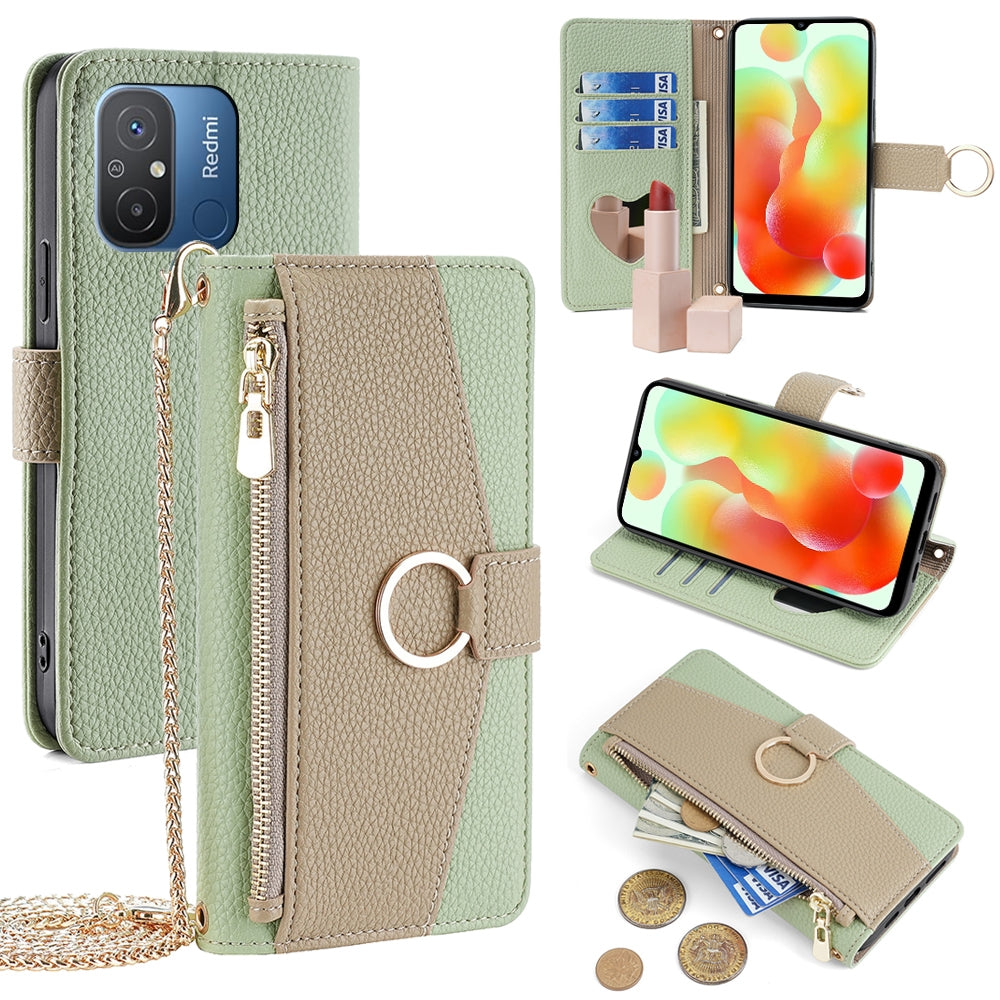 Xiaomi Redmi 12C 4G Crossbody Phone Case with Litchi Texture Leather, Adjustable Kickstand, Card Slots, Zipper Purse, Makeup Mirror, and TPU Protection