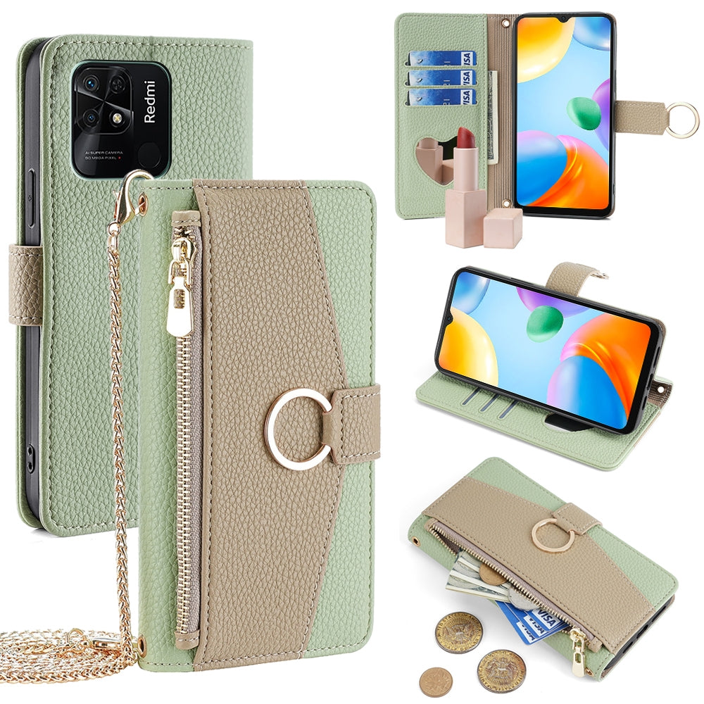 Xiaomi Redmi 10C Crossbody Phone Case with Litchi Texture Leather, Adjustable Kickstand, Card Slots, Zipper Purse, Makeup Mirror, and TPU Protection