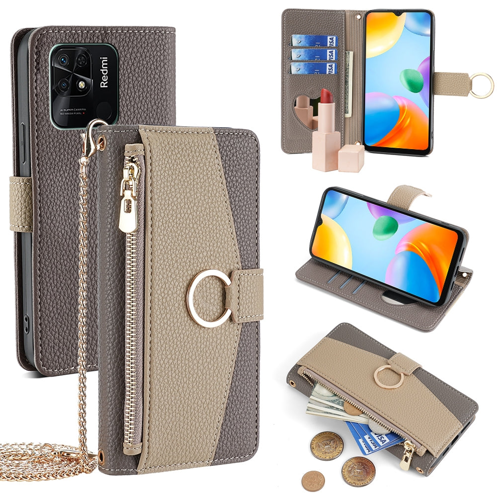 Xiaomi Redmi 10C Crossbody Phone Case with Litchi Texture Leather, Adjustable Kickstand, Card Slots, Zipper Purse, Makeup Mirror, and TPU Protection