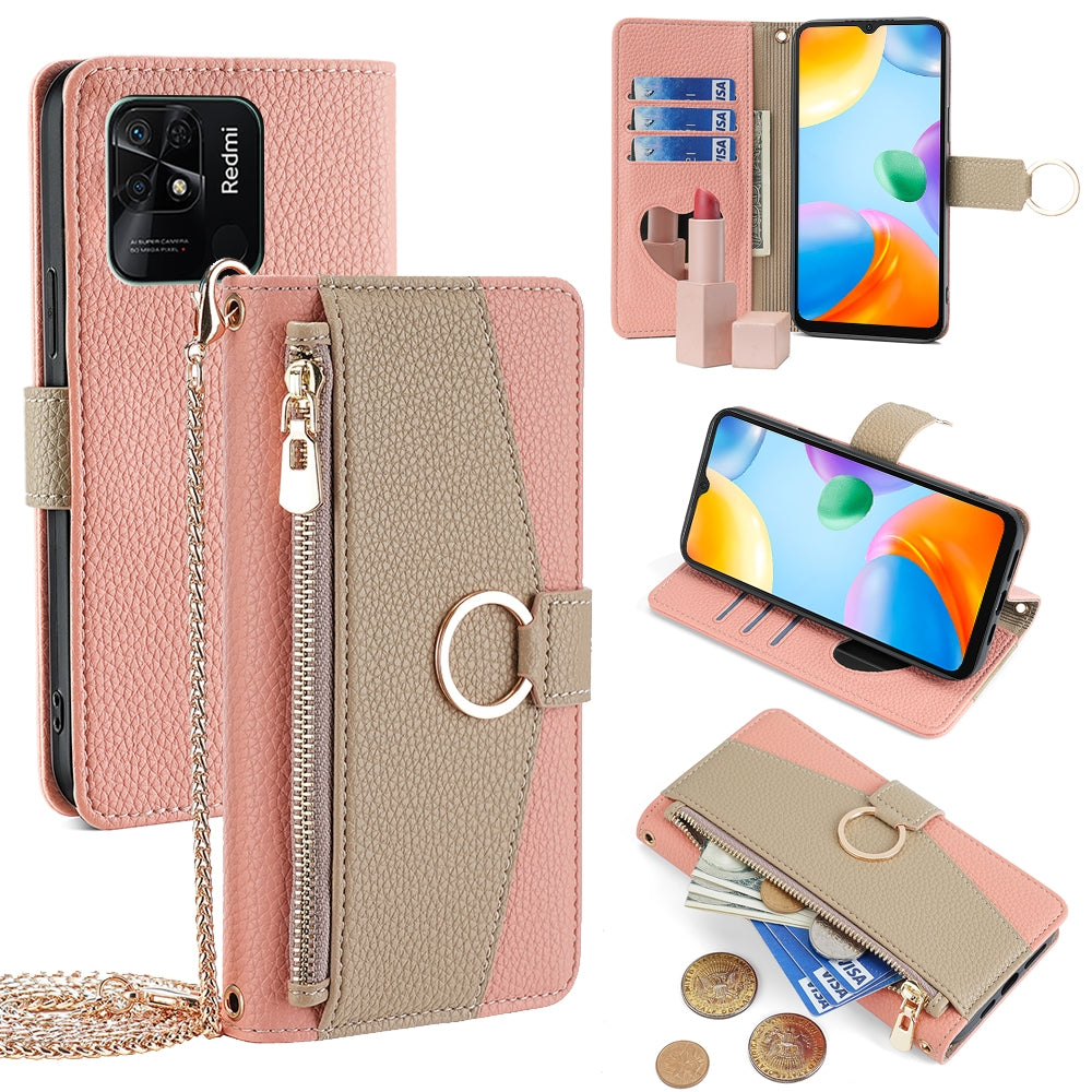 Xiaomi Redmi 10C Crossbody Phone Case with Litchi Texture Leather, Adjustable Kickstand, Card Slots, Zipper Purse, Makeup Mirror, and TPU Protection