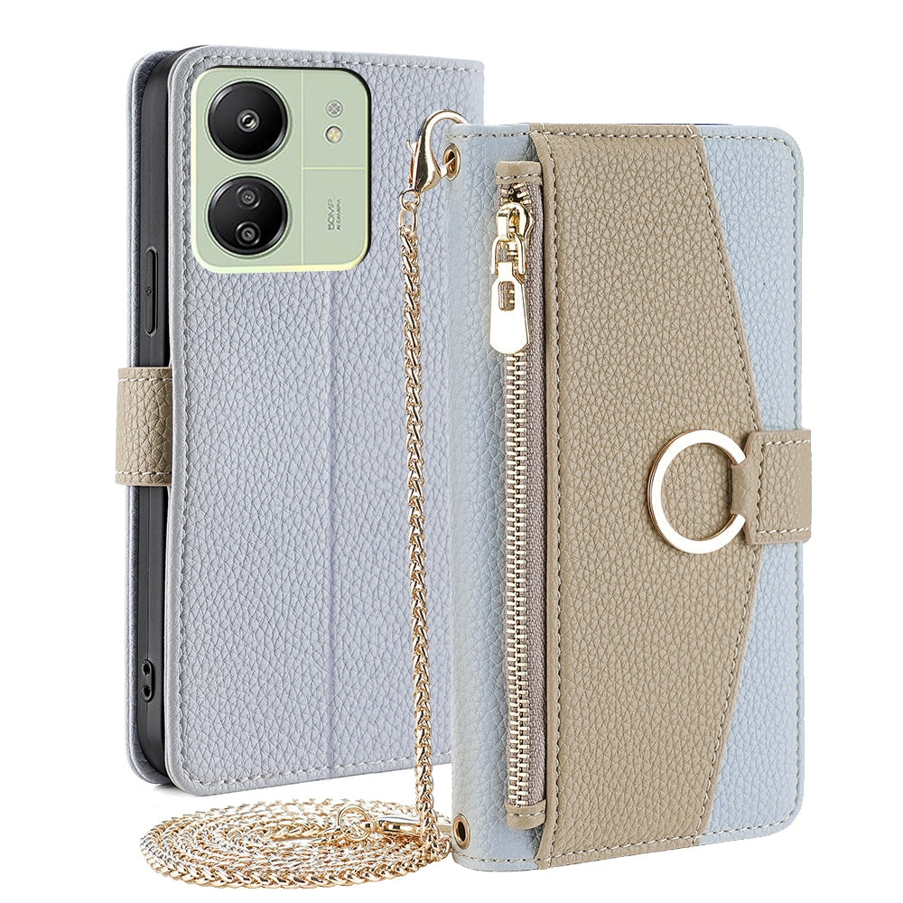 Xiaomi Redmi 13C Crossbody Phone Case with Litchi Texture Leather, Adjustable Kickstand, Card Slots, Zipper Purse, Makeup Mirror, and TPU Protection