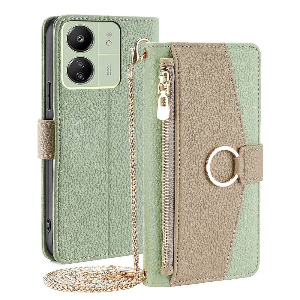 Xiaomi Redmi 13C Crossbody Phone Case with Litchi Texture Leather, Adjustable Kickstand, Card Slots, Zipper Purse, Makeup Mirror, and TPU Protection
