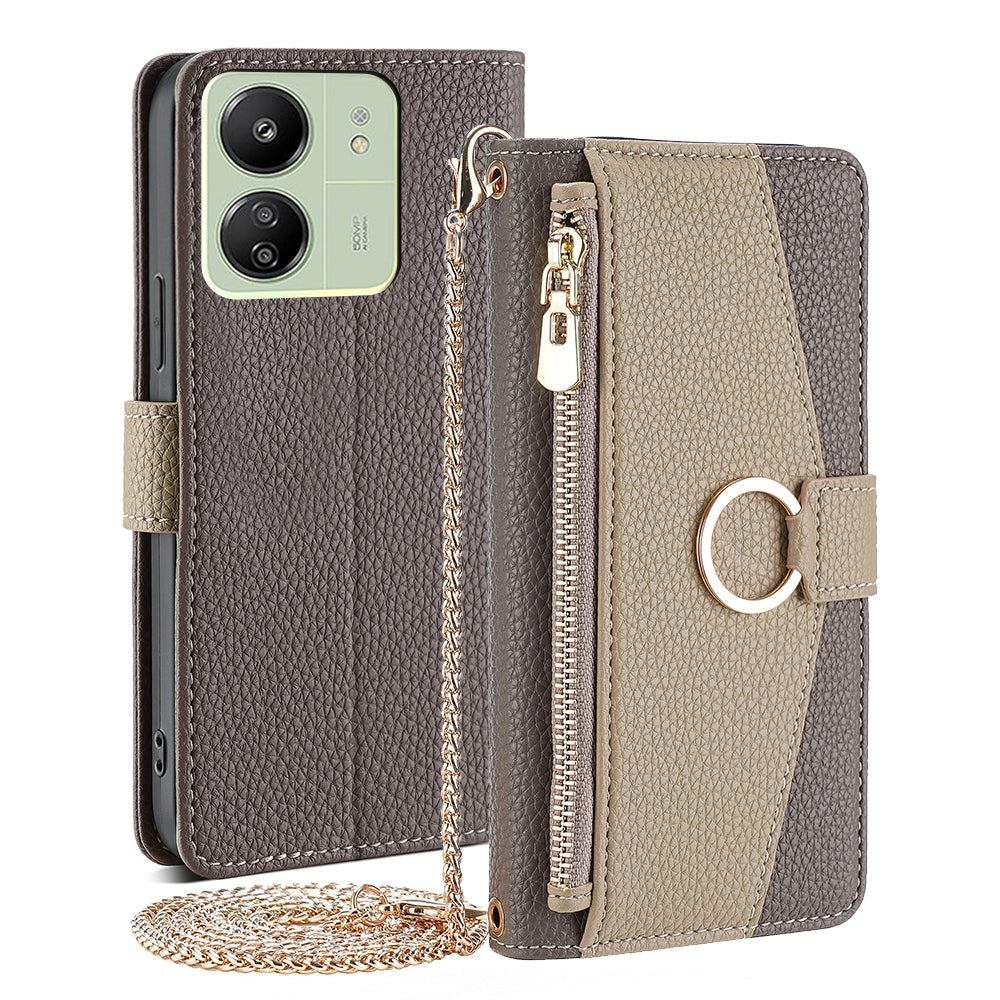 Xiaomi Redmi 13C Crossbody Phone Case with Litchi Texture Leather, Adjustable Kickstand, Card Slots, Zipper Purse, Makeup Mirror, and TPU Protection