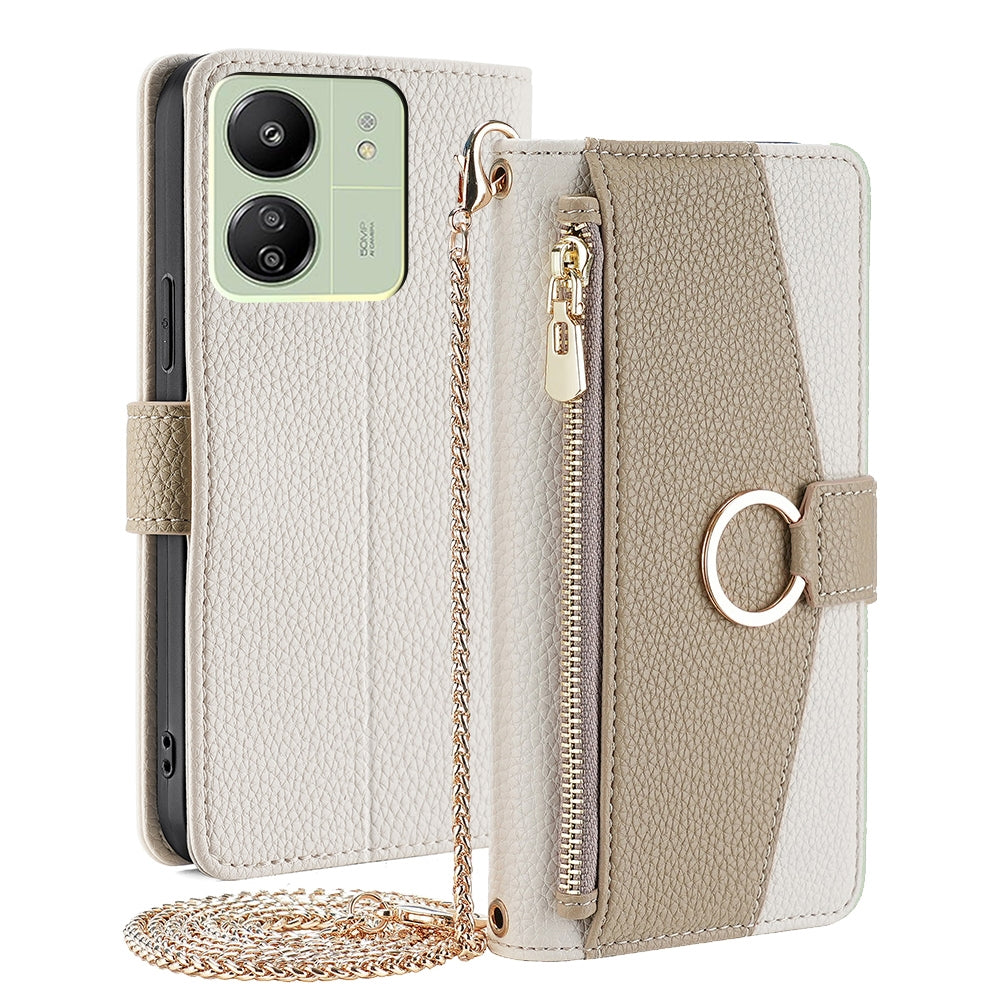 Xiaomi Redmi 13C Crossbody Phone Case with Litchi Texture Leather, Adjustable Kickstand, Card Slots, Zipper Purse, Makeup Mirror, and TPU Protection