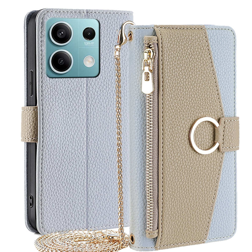 Xiaomi Redmi Note 13 4G Crossbody Phone Case with Litchi Texture Leather, Adjustable Kickstand, Card Slots, Zipper Purse, Makeup Mirror, and TPU Protection