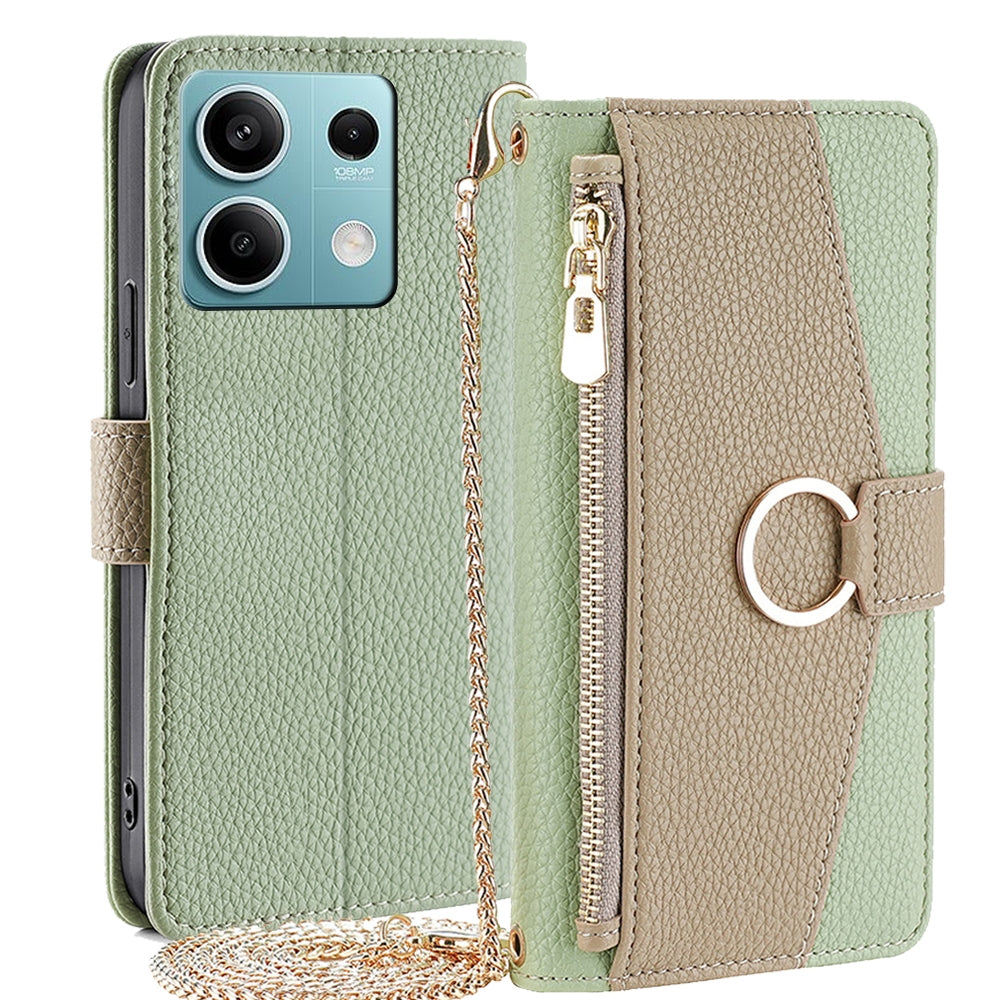 Xiaomi Redmi Note 13 4G Crossbody Phone Case with Litchi Texture Leather, Adjustable Kickstand, Card Slots, Zipper Purse, Makeup Mirror, and TPU Protection
