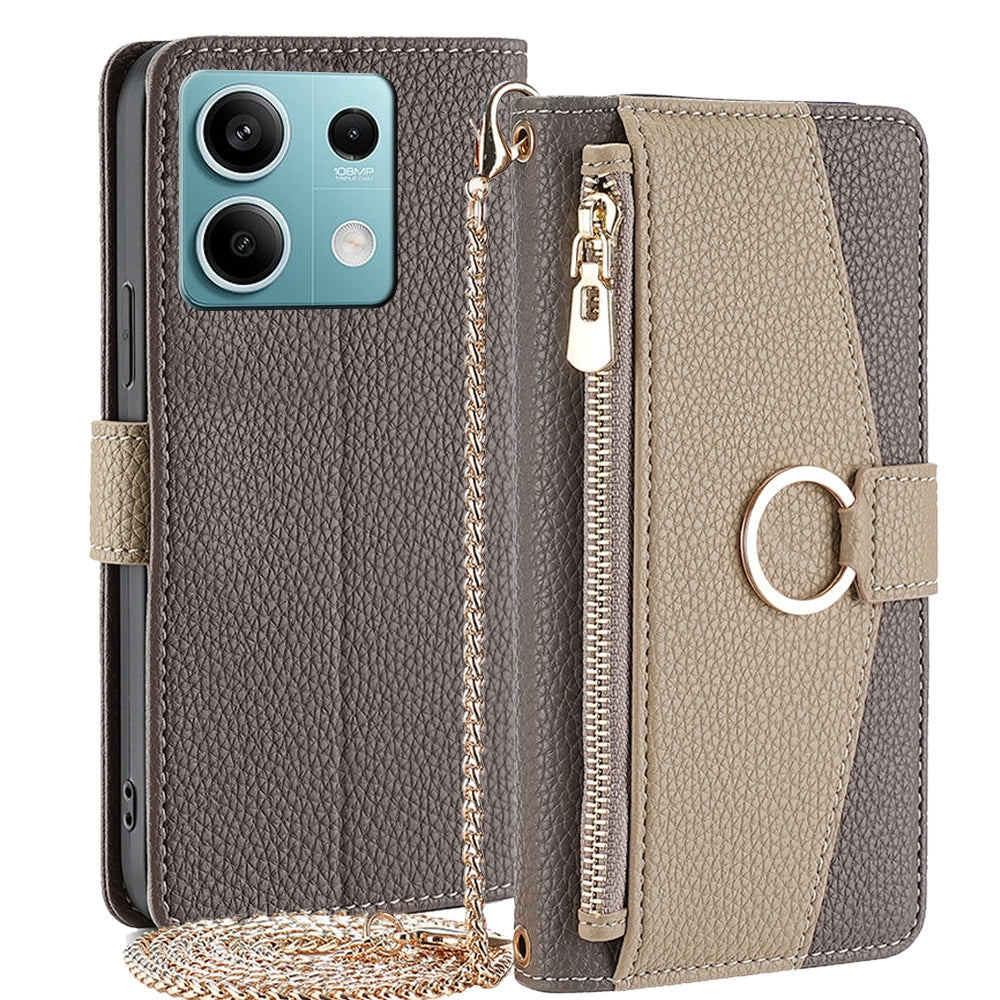 Xiaomi Redmi Note 13 4G Crossbody Phone Case with Litchi Texture Leather, Adjustable Kickstand, Card Slots, Zipper Purse, Makeup Mirror, and TPU Protection