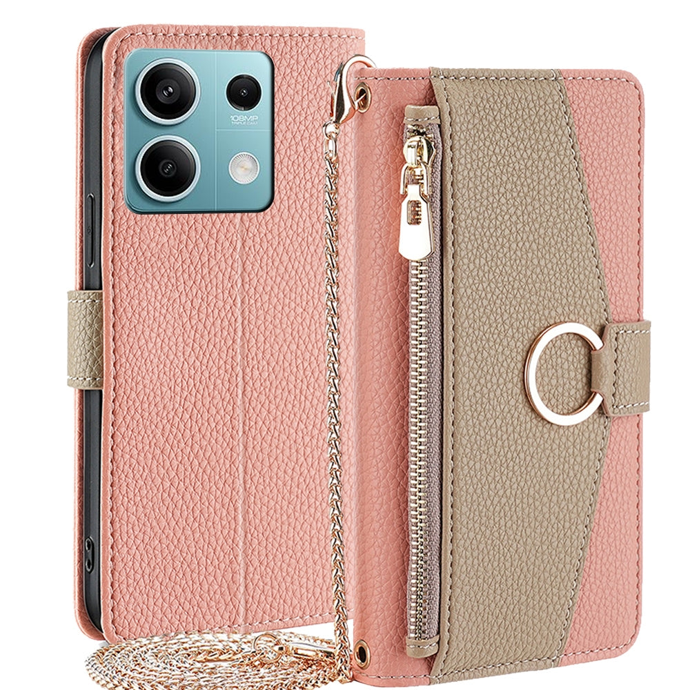 Xiaomi Redmi Note 13 4G Crossbody Phone Case with Litchi Texture Leather, Adjustable Kickstand, Card Slots, Zipper Purse, Makeup Mirror, and TPU Protection