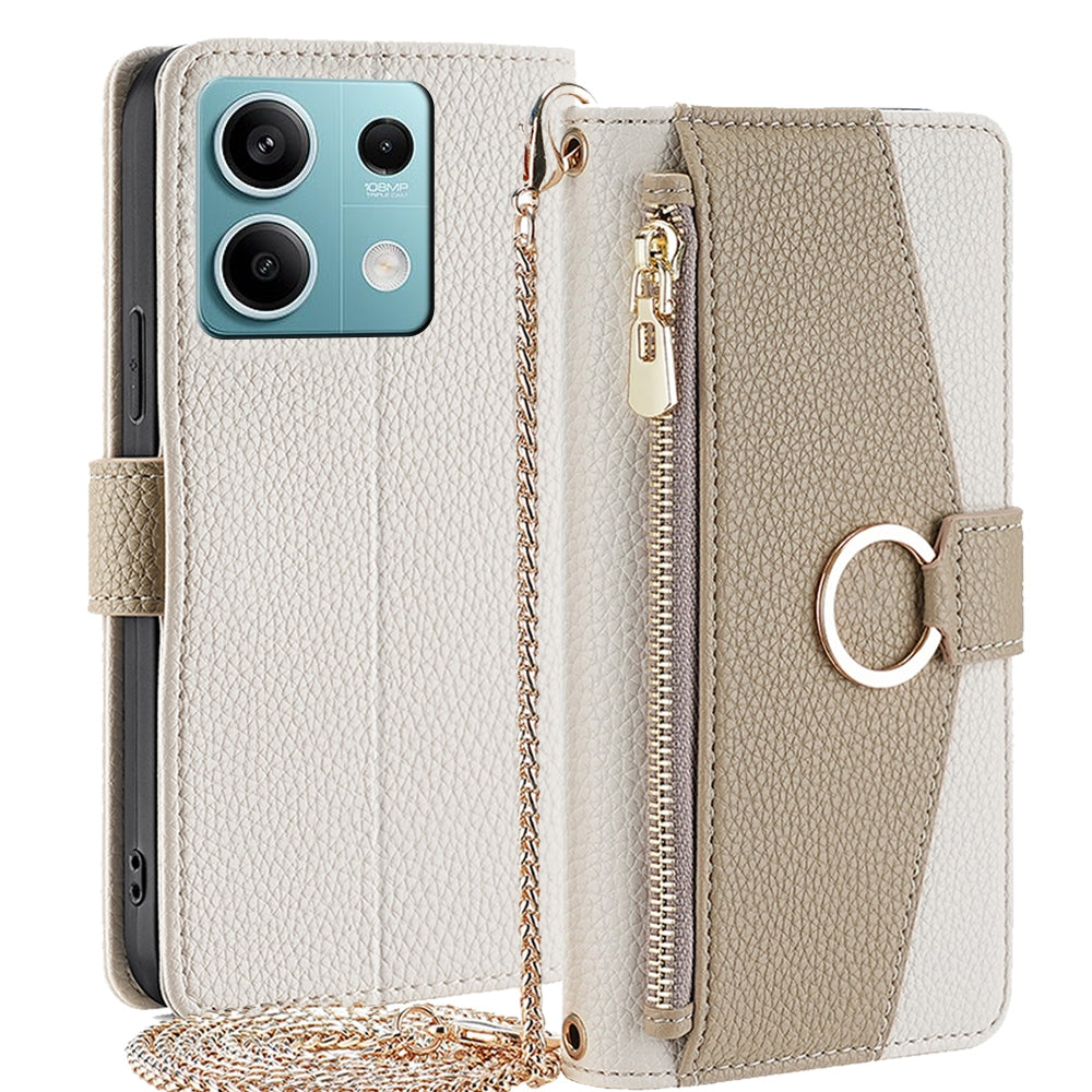 Xiaomi Redmi Note 13 4G Crossbody Phone Case with Litchi Texture Leather, Adjustable Kickstand, Card Slots, Zipper Purse, Makeup Mirror, and TPU Protection