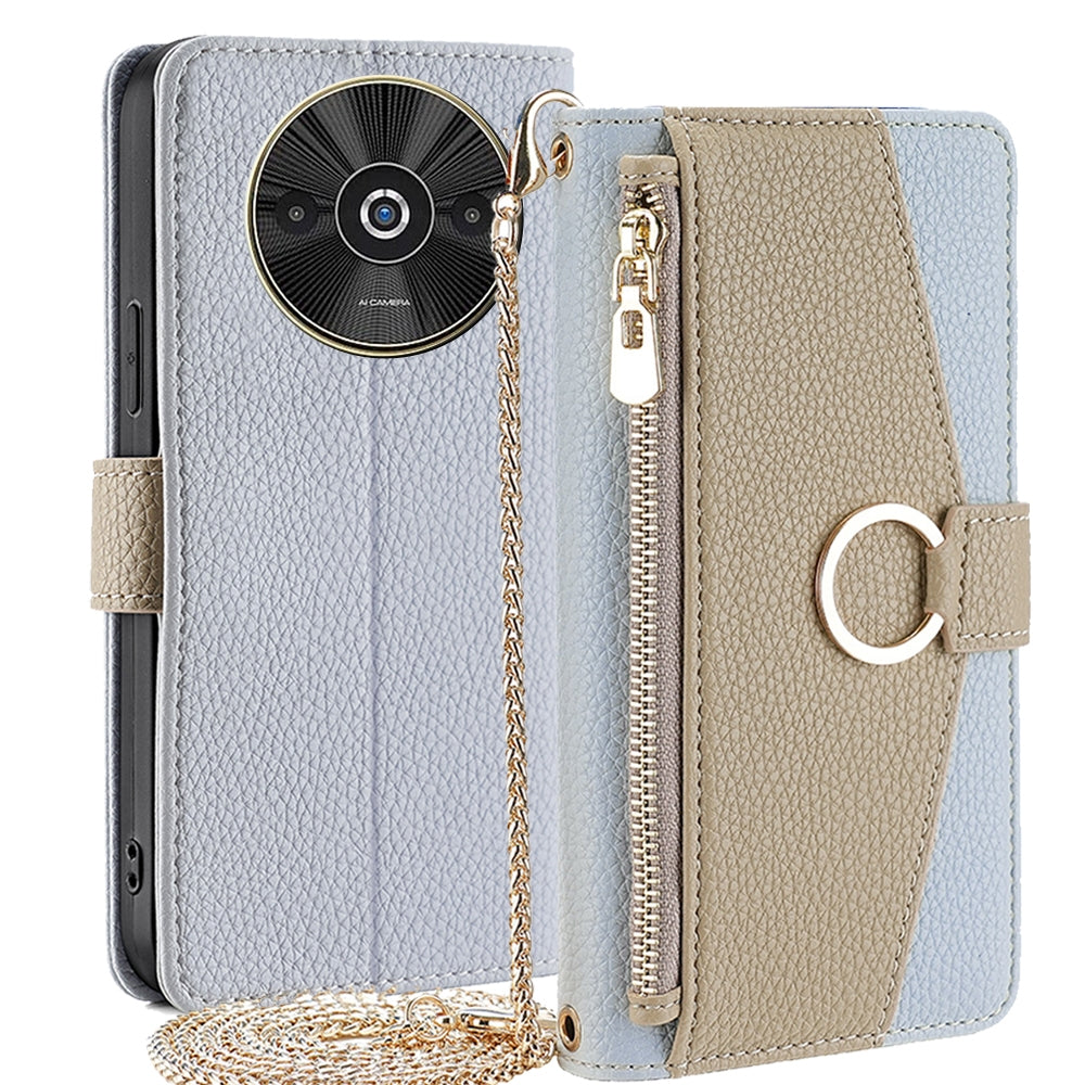Xiaomi Redmi A3 4G Crossbody Phone Case with Litchi Texture Leather, Adjustable Kickstand, Card Slots, Zipper Purse, Makeup Mirror, and TPU Protection