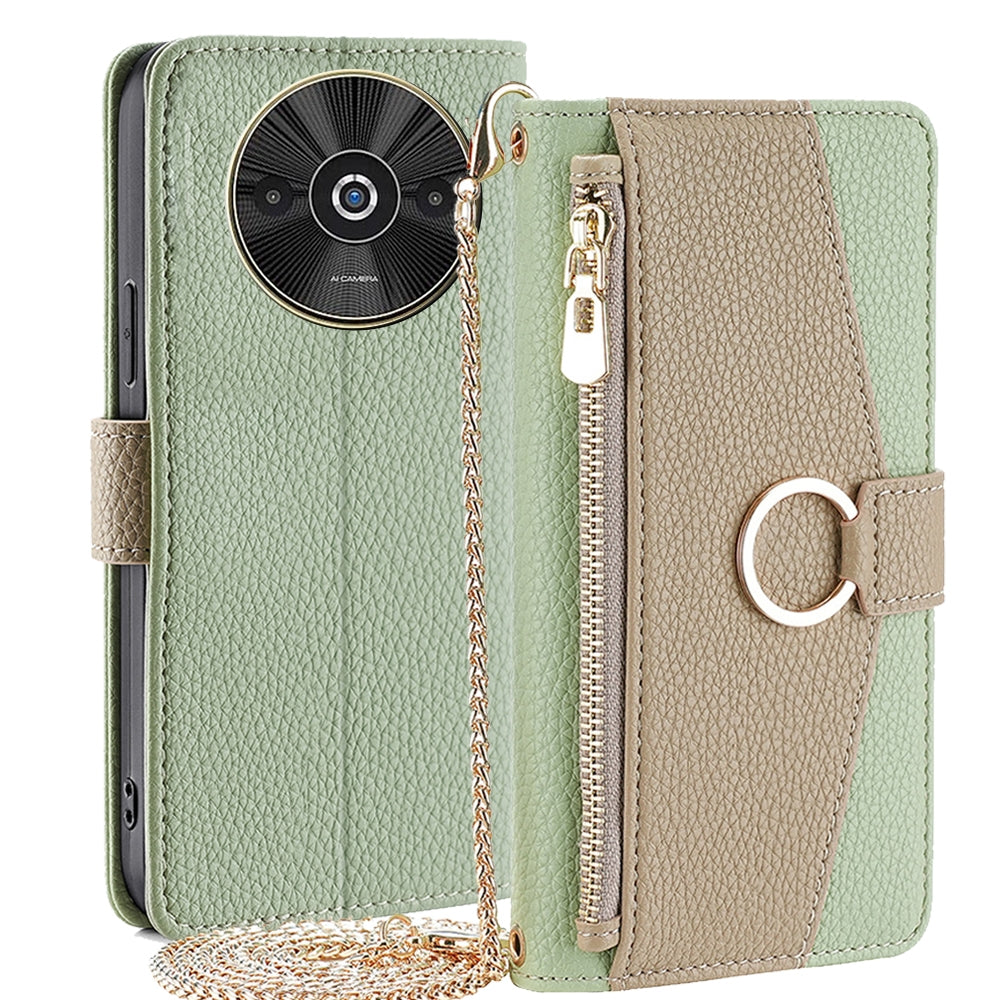Xiaomi Redmi A3 4G Crossbody Phone Case with Litchi Texture Leather, Adjustable Kickstand, Card Slots, Zipper Purse, Makeup Mirror, and TPU Protection