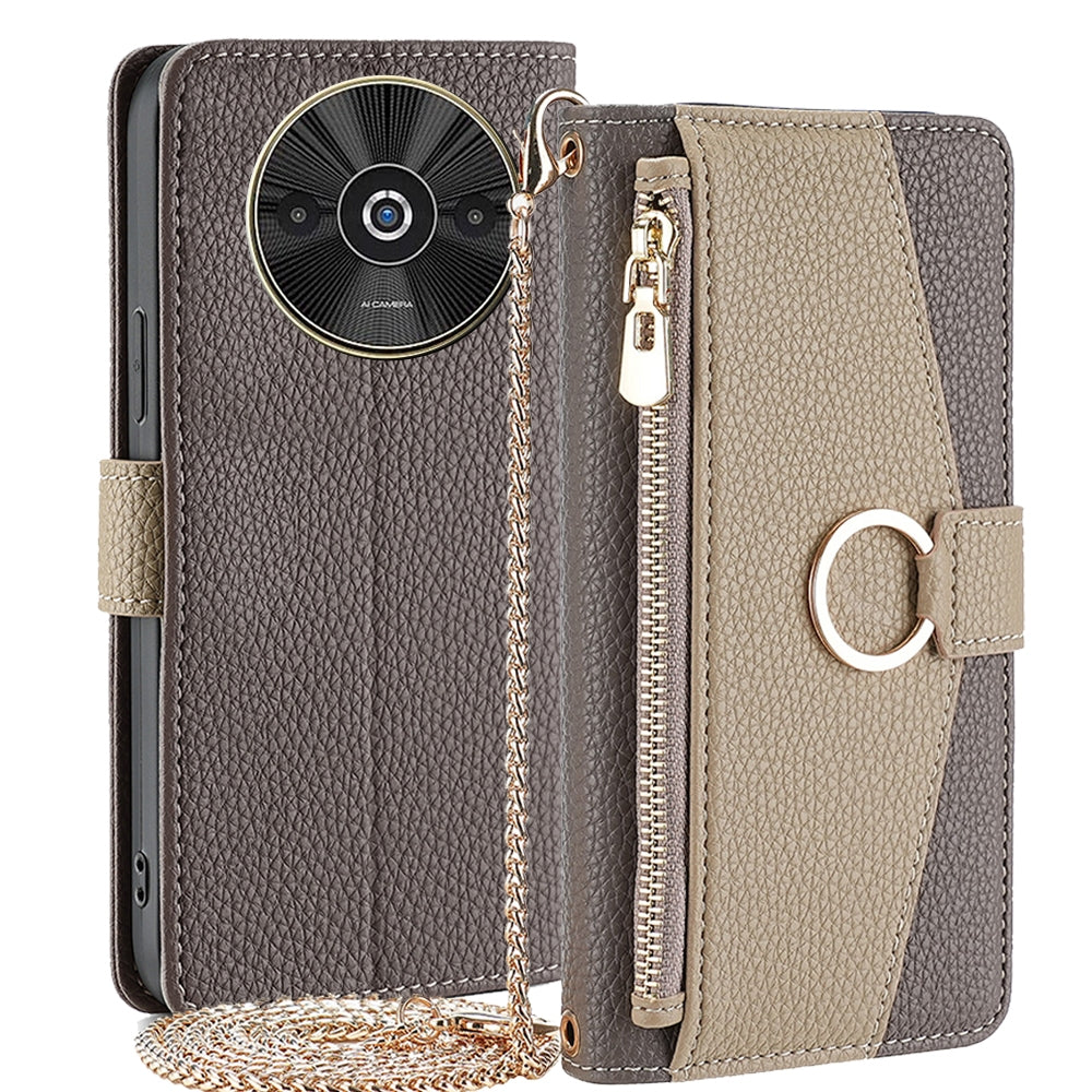 Xiaomi Redmi A3 4G Crossbody Phone Case with Litchi Texture Leather, Adjustable Kickstand, Card Slots, Zipper Purse, Makeup Mirror, and TPU Protection