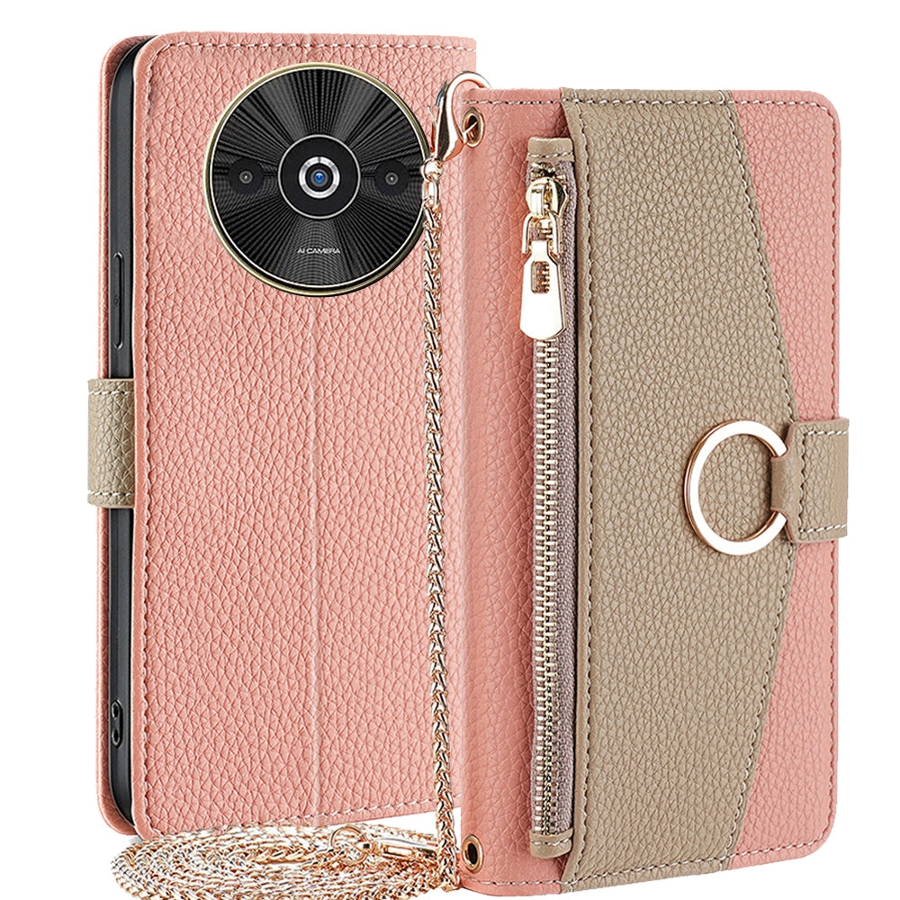 Xiaomi Redmi A3 4G Crossbody Phone Case with Litchi Texture Leather, Adjustable Kickstand, Card Slots, Zipper Purse, Makeup Mirror, and TPU Protection