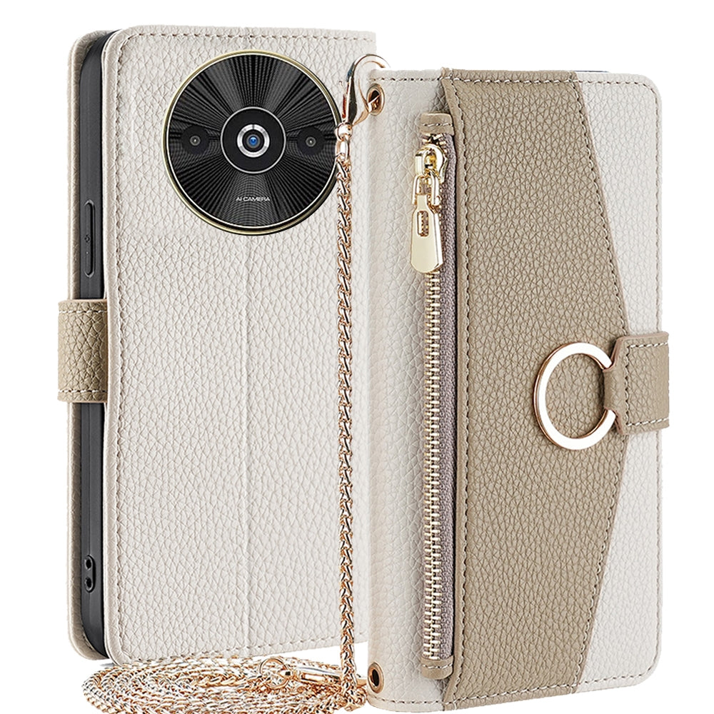 Xiaomi Redmi A3 4G Crossbody Phone Case with Litchi Texture Leather, Adjustable Kickstand, Card Slots, Zipper Purse, Makeup Mirror, and TPU Protection