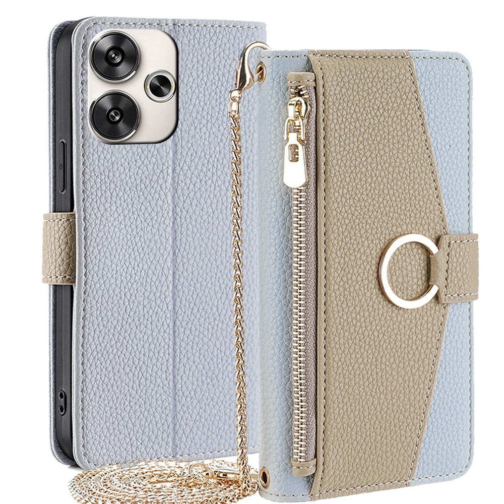 Xiaomi Redmi Turbo 3 5G Crossbody Phone Case with Litchi Texture Leather, Adjustable Kickstand, Card Slots, Zipper Purse, Makeup Mirror, and TPU Protection