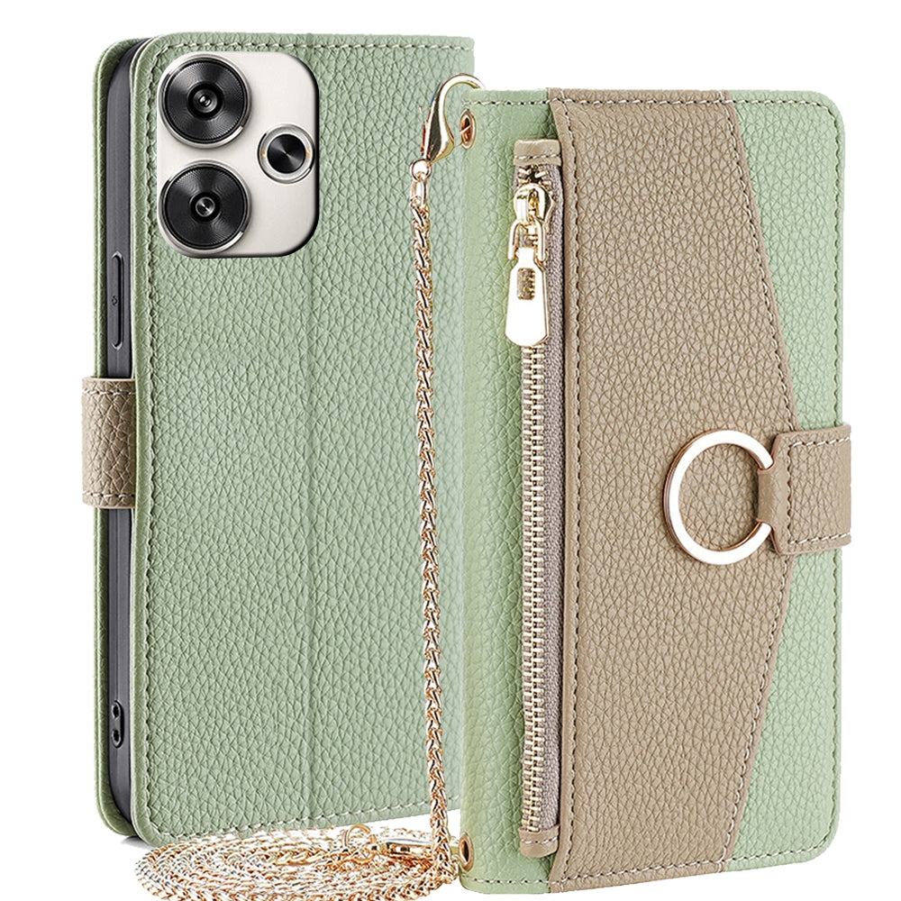 Xiaomi Redmi Turbo 3 5G Crossbody Phone Case with Litchi Texture Leather, Adjustable Kickstand, Card Slots, Zipper Purse, Makeup Mirror, and TPU Protection