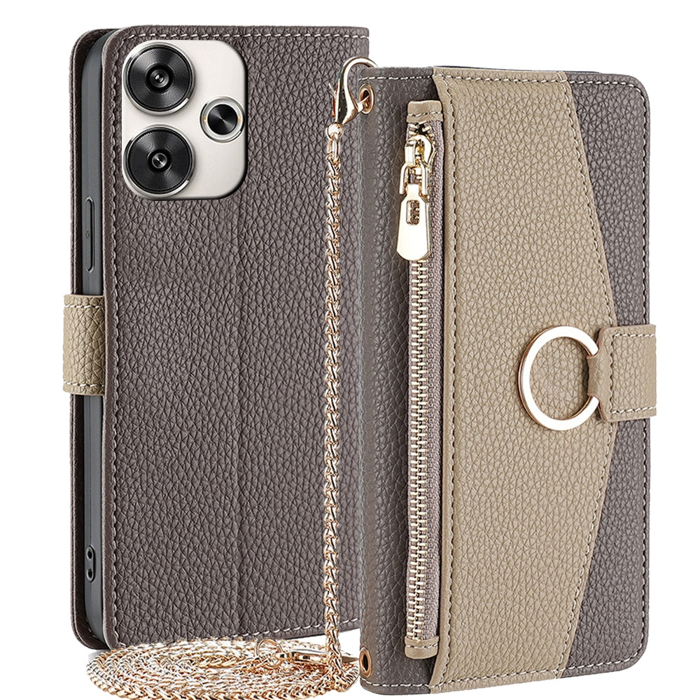 Xiaomi Redmi Turbo 3 5G Crossbody Phone Case with Litchi Texture Leather, Adjustable Kickstand, Card Slots, Zipper Purse, Makeup Mirror, and TPU Protection