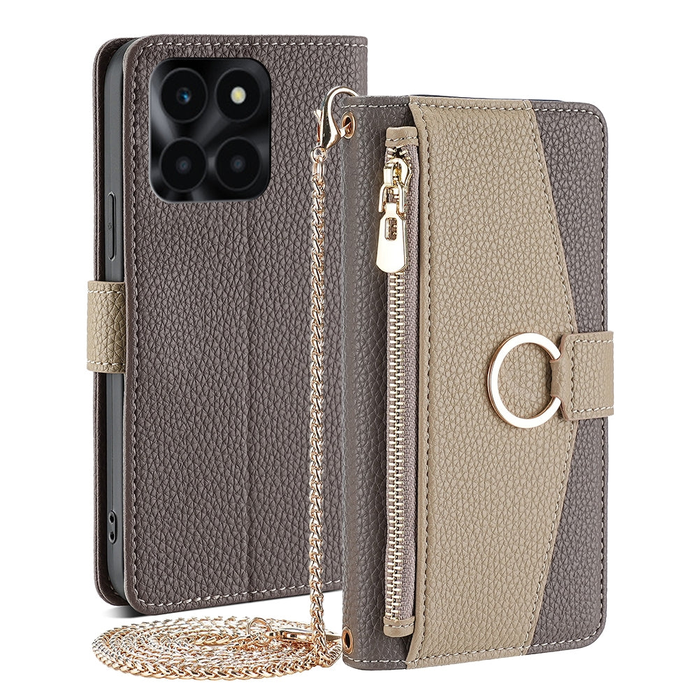 Honor X6a 4G Crossbody Phone Case with Litchi Texture Leather, Adjustable Kickstand, Card Slots, Zipper Purse, Makeup Mirror, and TPU Protection