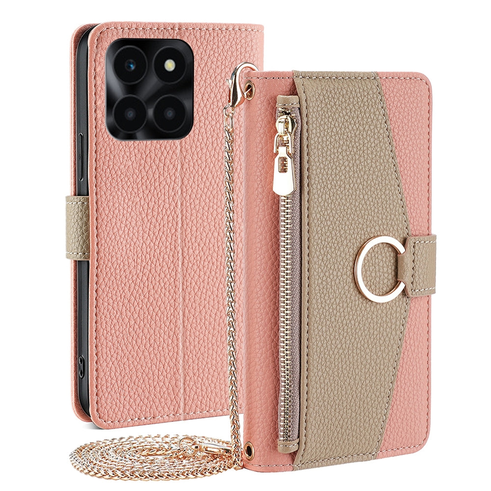 Honor X6a 4G Crossbody Phone Case with Litchi Texture Leather, Adjustable Kickstand, Card Slots, Zipper Purse, Makeup Mirror, and TPU Protection