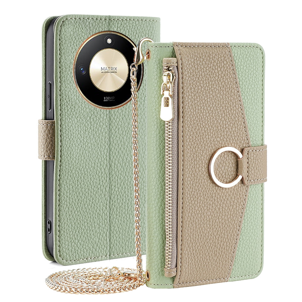 Honor X50 5G Crossbody Phone Case with Litchi Texture Leather, Adjustable Kickstand, Card Slots, Zipper Purse, Makeup Mirror, and TPU Protection