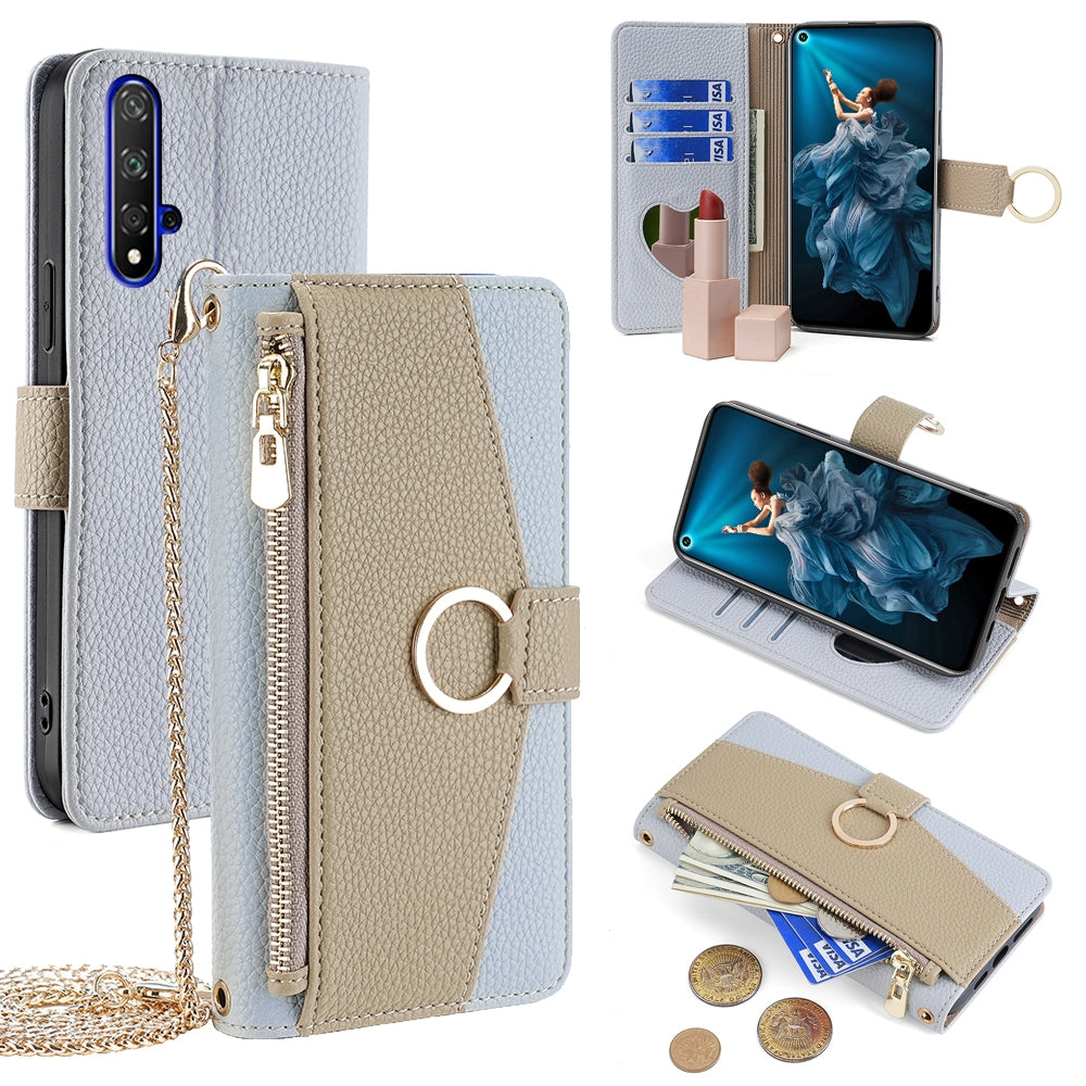 Honor 20 Crossbody Phone Case with Litchi Texture Leather, Adjustable Kickstand, Card Slots, Zipper Purse, Makeup Mirror, and TPU Protection