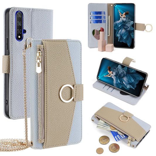 Honor 20 Crossbody Phone Case with Litchi Texture Leather, Adjustable Kickstand, Card Slots, Zipper Purse, Makeup Mirror, and TPU Protection