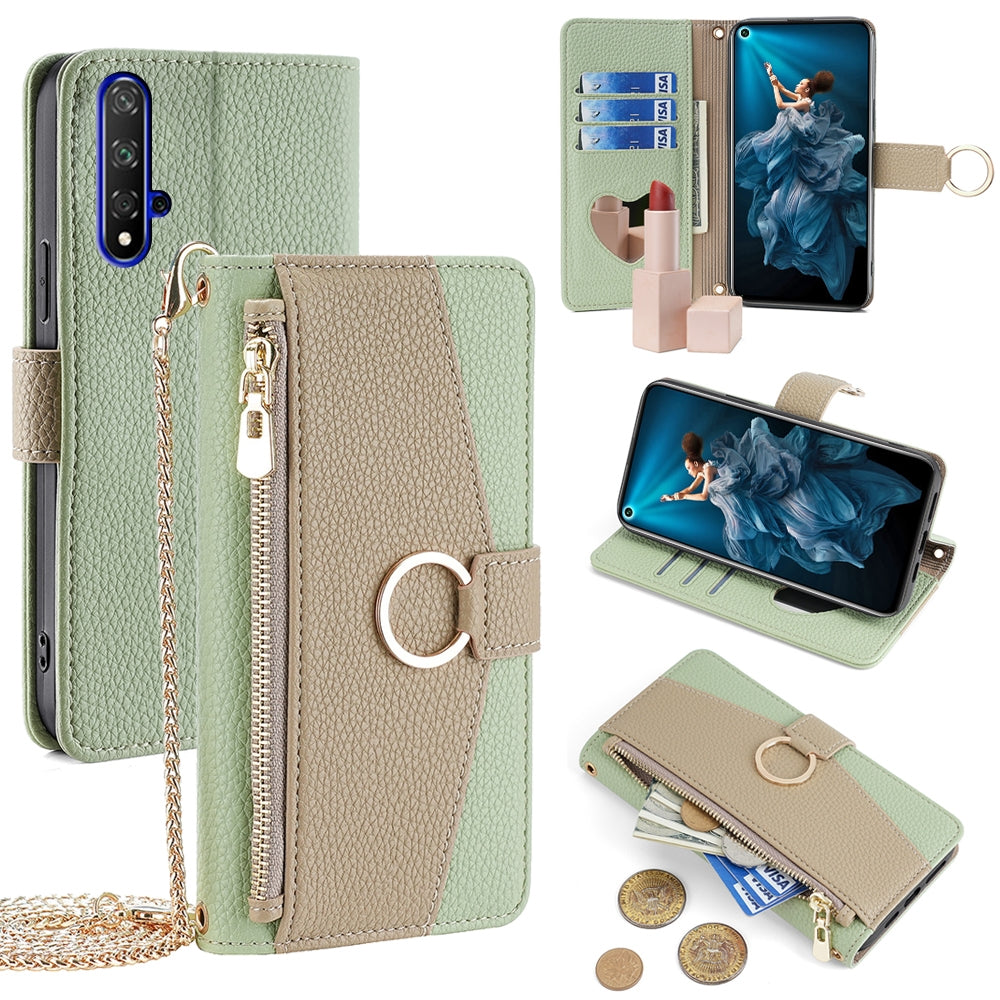 Honor 20 Crossbody Phone Case with Litchi Texture Leather, Adjustable Kickstand, Card Slots, Zipper Purse, Makeup Mirror, and TPU Protection