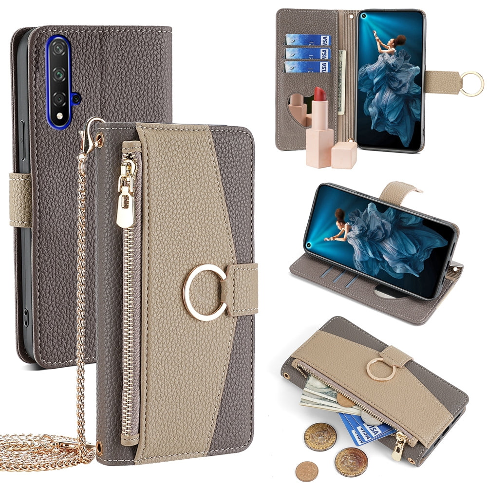 Honor 20 Crossbody Phone Case with Litchi Texture Leather, Adjustable Kickstand, Card Slots, Zipper Purse, Makeup Mirror, and TPU Protection