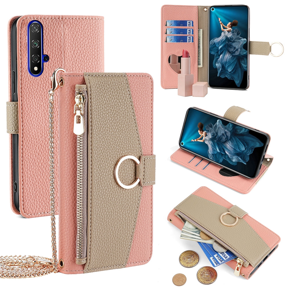 Honor 20 Crossbody Phone Case with Litchi Texture Leather, Adjustable Kickstand, Card Slots, Zipper Purse, Makeup Mirror, and TPU Protection