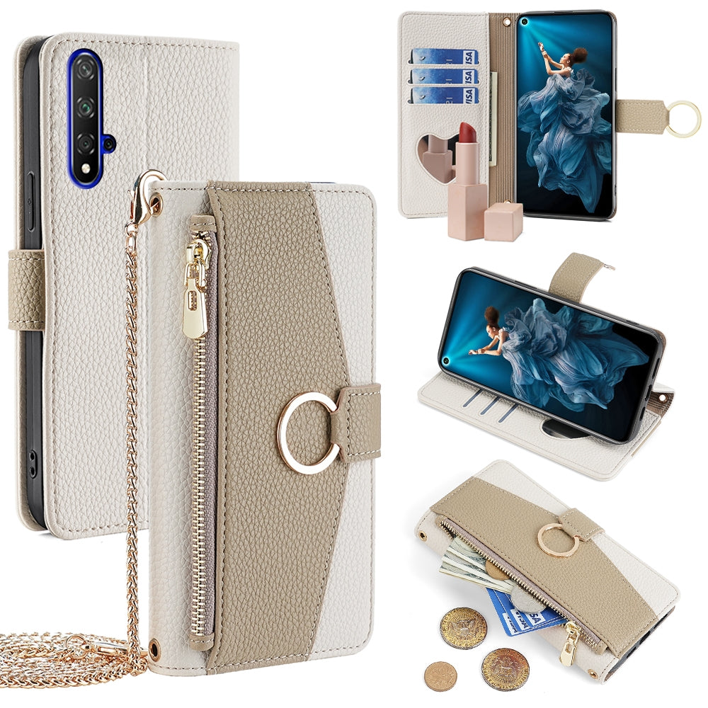 Honor 20 Crossbody Phone Case with Litchi Texture Leather, Adjustable Kickstand, Card Slots, Zipper Purse, Makeup Mirror, and TPU Protection